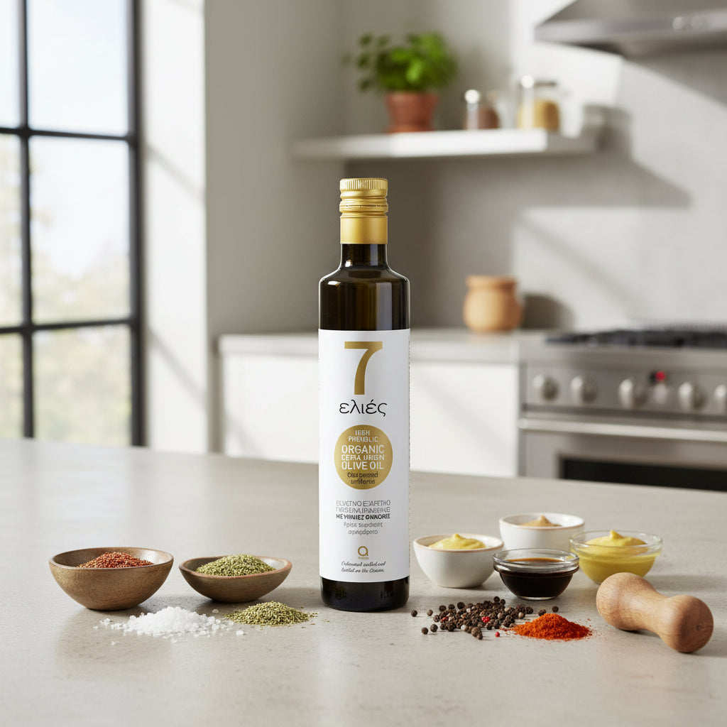 Atsas 7 Elies olive oil with a white label featuring the number 7 on kitchen island