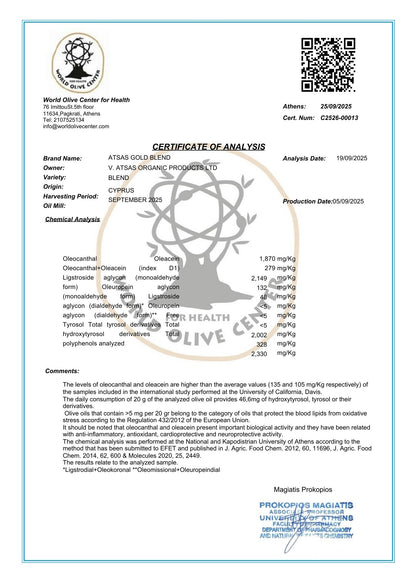 Certificate of Analysis for Atsas Gold Blend extra virgin olive oil with a QR code and polyphenol count details.
