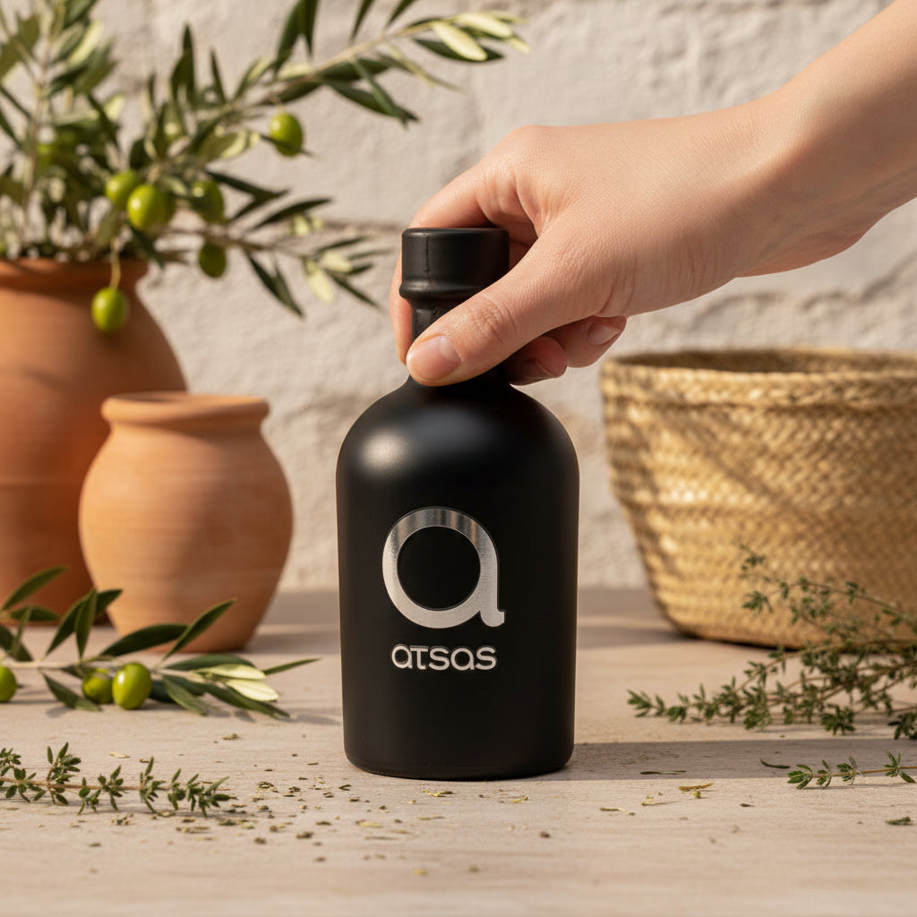 Hand holding a black bottle of Atsas Silver Edition 250 ml olive oil with a silver logo on a white background