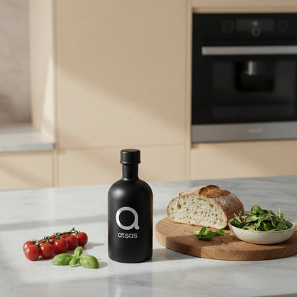 Atsas Silver Edition black 250 ml bottle of extra virgin olive oil with a silver logo on a kitchen island 
