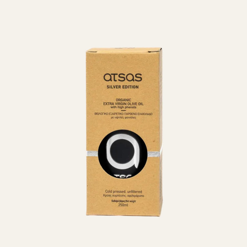 Atsas Silver Edition organic extra virgin olive oil packaging on a white background