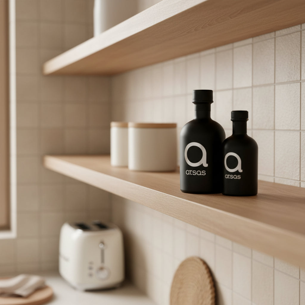 Two black bottles of Atsas Silver Blend olive oil on a kitchen shelf 