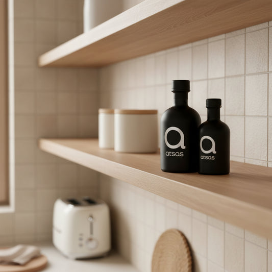 Two black bottles of Atsas Silver Blend olive oil on a kitchen shelf 