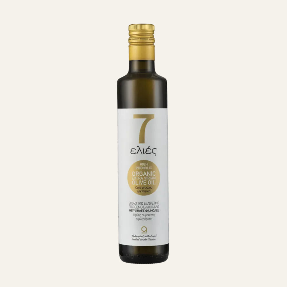 Atsas 7 Elies Extra Virgi Olive Oil 500 ml dark glass bottle in white background.