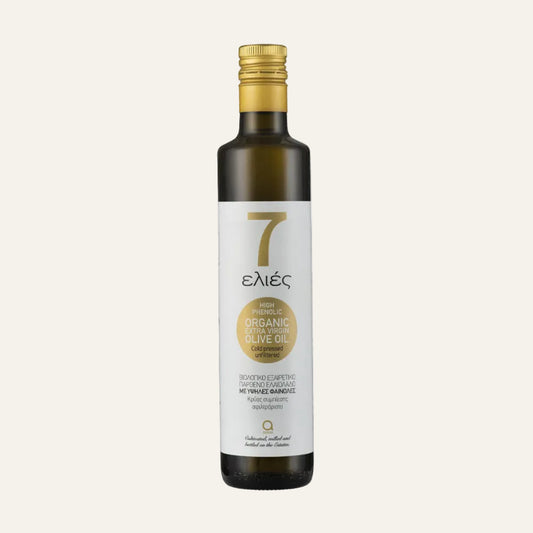 Atsas 7 Elies Extra Virgi Olive Oil 500 ml dark glass bottle in white background.