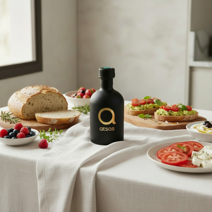 Atsas Gold Blend olive oil black bottle with gold logo on a kitchen table