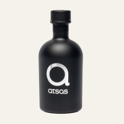 Atsas Silver 250 ml olive oil black bottle with a silver logo on a white background
