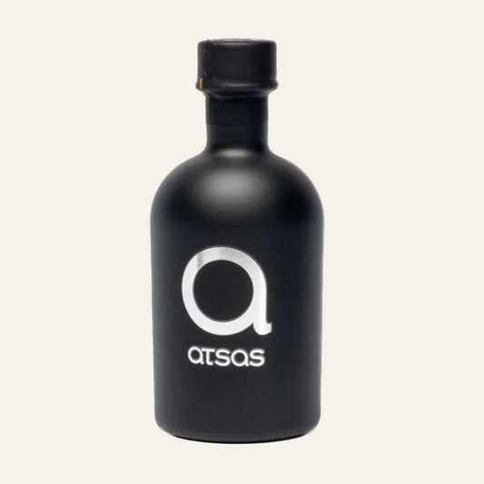 Atsas Silver 250 ml olive oil black bottle with a silver logo on a white background