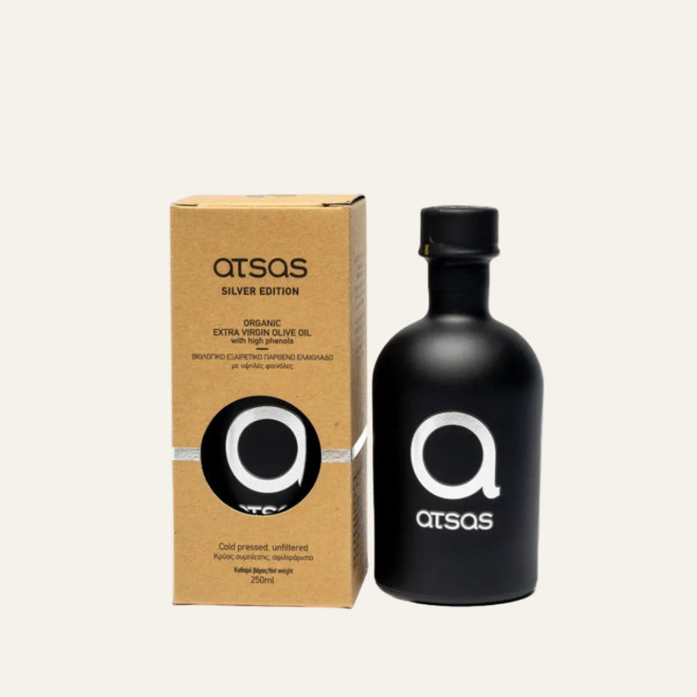 Atsas Silver evoo in a 250 ml  black olive oil bottle and packaging with 'atsas' branding on a white background