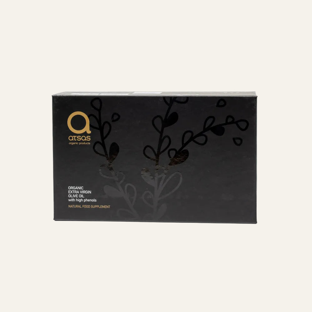 Black box with gold logo and text on a white background
